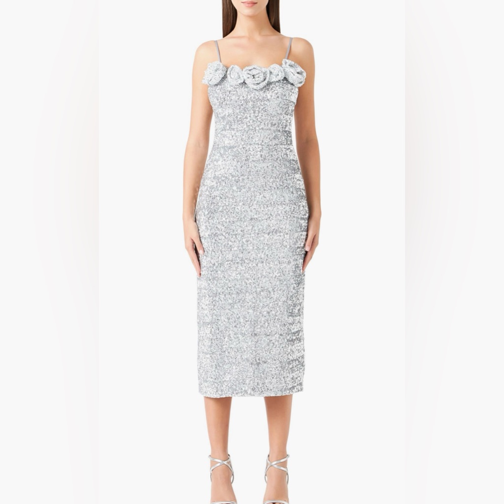 Endless Rose Nwt Metallic Silver Sequin Rosette Midi Dress